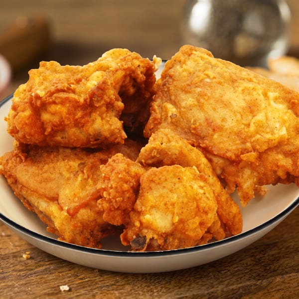 Crispy, golden-brown fried chicken pieces piled high in a white bowl on a rustic wooden table.