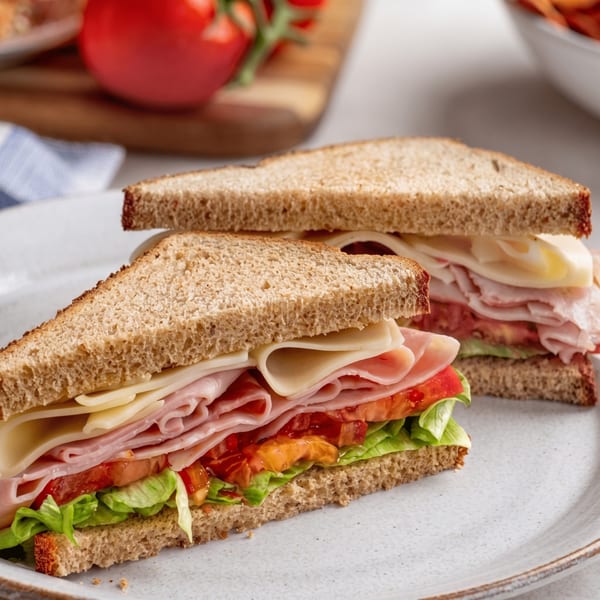 Two deli sandwiches on whole wheat bread with ham, cheese, lettuce, and tomato on a white plate.